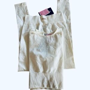 PrettyLittleThing Cream Ribbed Long Sleeve Cut-Out Workout Set NWT